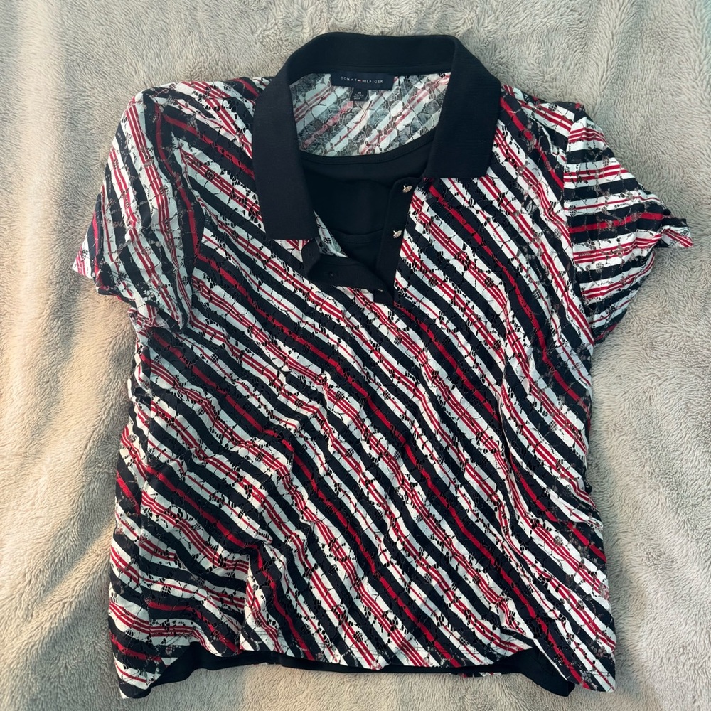 TOMMY HILFIGER Women's black Asymmetric-striped Lace Polo Shirt - XL